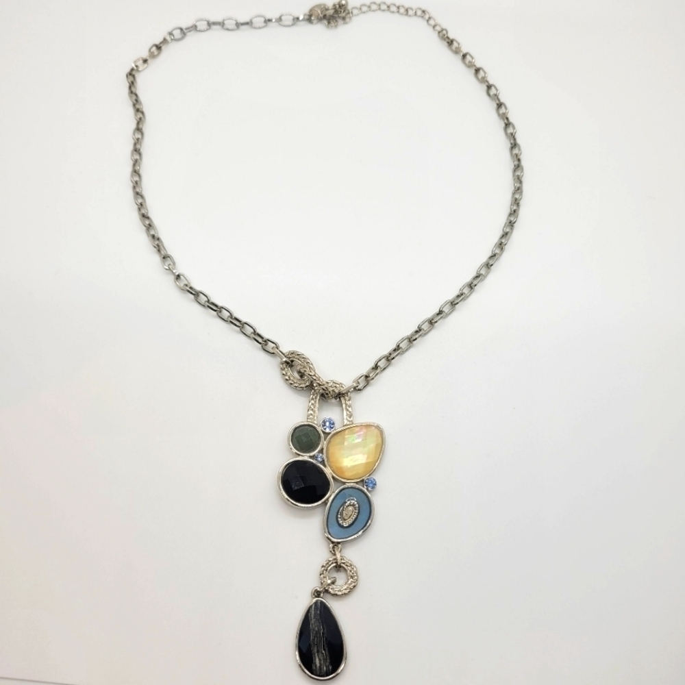 Lia Sophia Necklace Azure Silvertone Mother of Pearl Multi Stone Adjustable 14"